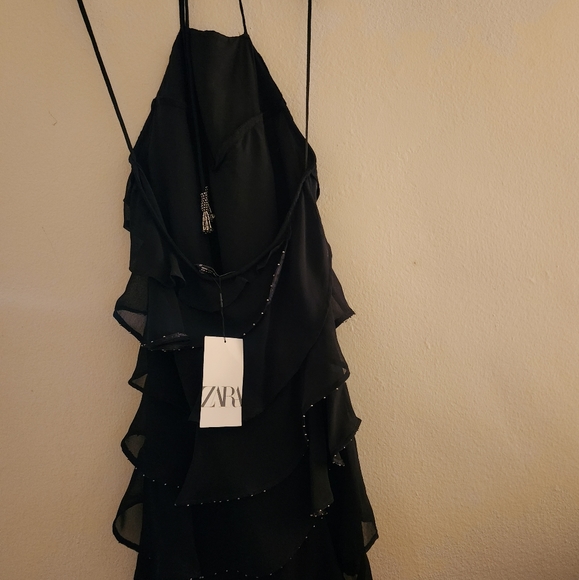 Zara FRINGED RHINESTONE MINI DRESS black sz XS BNWT - Picture 5 of 6